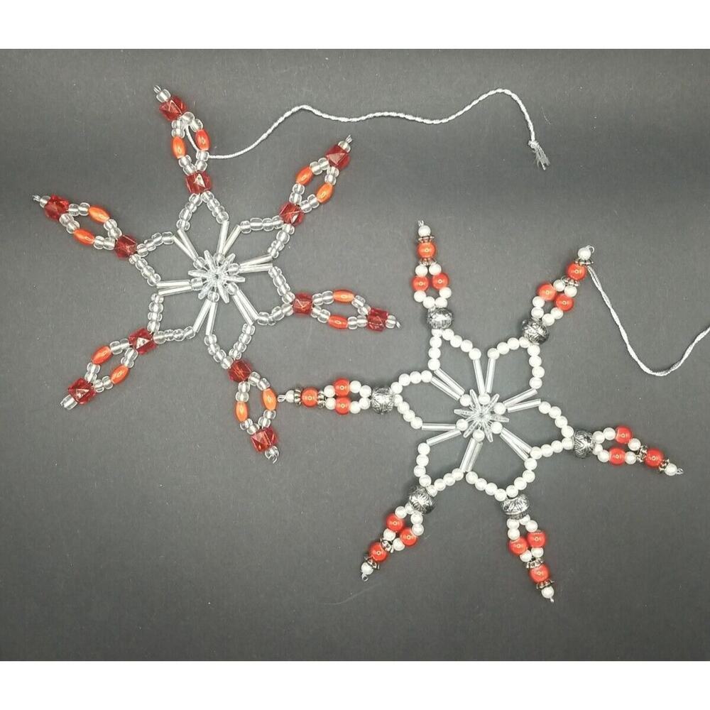 2 Vintage Beaded Snowflakes Holiday Christmas Ornaments Handmade Red Pearl